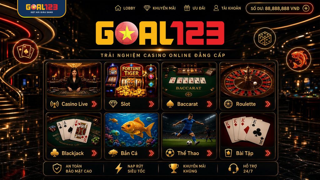 Sảnh casino Goal123 với các bàn live, RNG và danh mục baccarat, roulette, blackjack.